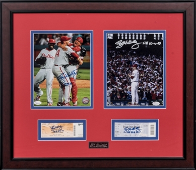 Roy Halladay Signed & Inscribed No Hitter & Perfect Game Photos & Ticket Stubs In 26x23 Framed Display (JSA)